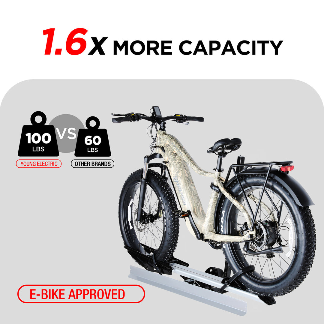 Foldable 1-Bike Hitch E-bike Rack with Ramp, Folding Single Electric Bike Carrier, 100 LBS Capacity, Fits 2'' Receiver Foldable 1-Bike Hitch E-bike Rack with Ramp, Folding Single Electric Bike Carrier, 100 LBS Capacity, Fits 2'' Receiver