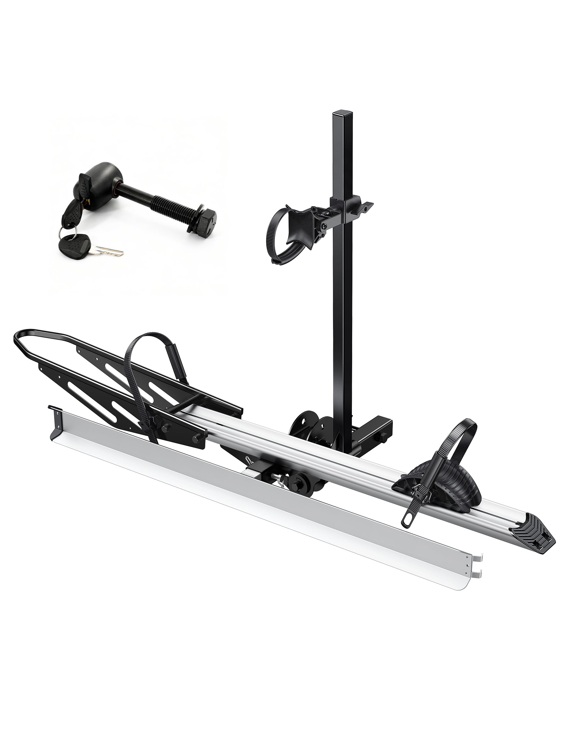 Foldable 1-Bike Hitch E-bike Rack with Ramp, Folding Single Electric Bike Carrier, 100 LBS Capacity, Fits 2'' Receiver with Lock