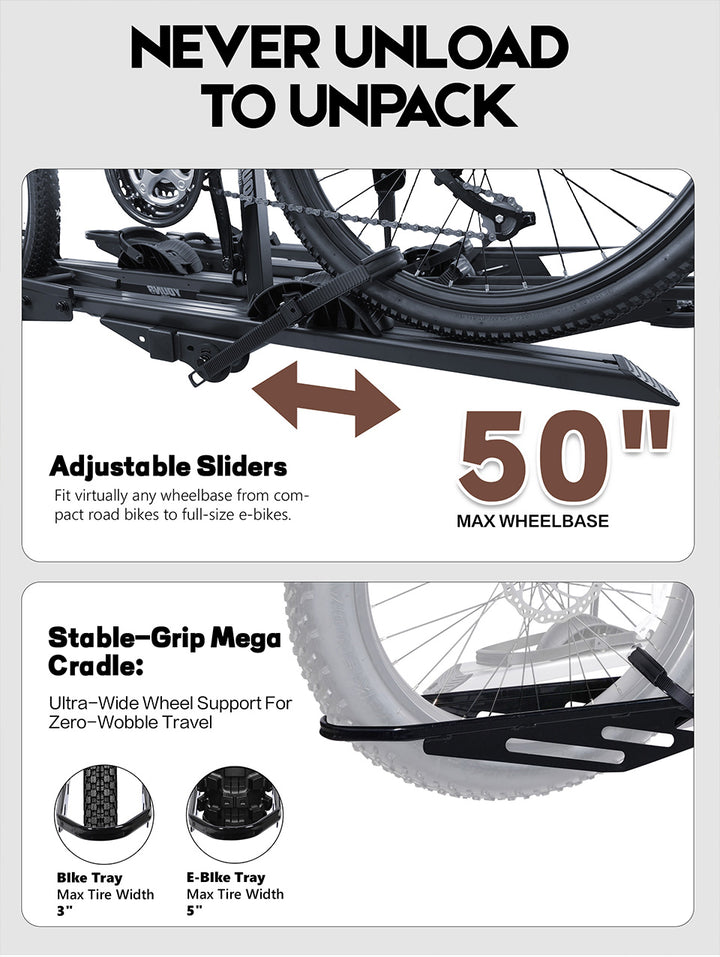 Expandable Add-On Compatible, 4187 2-Bike Hitch Mount Rack for E-Bikes, 200 LBS Heavy-Duty Bike Carrier, Fits 5" Fat Tire & 52" Wheelbase, Foldable Design for Cars SUVs Trucks RVs with 2" Receiver