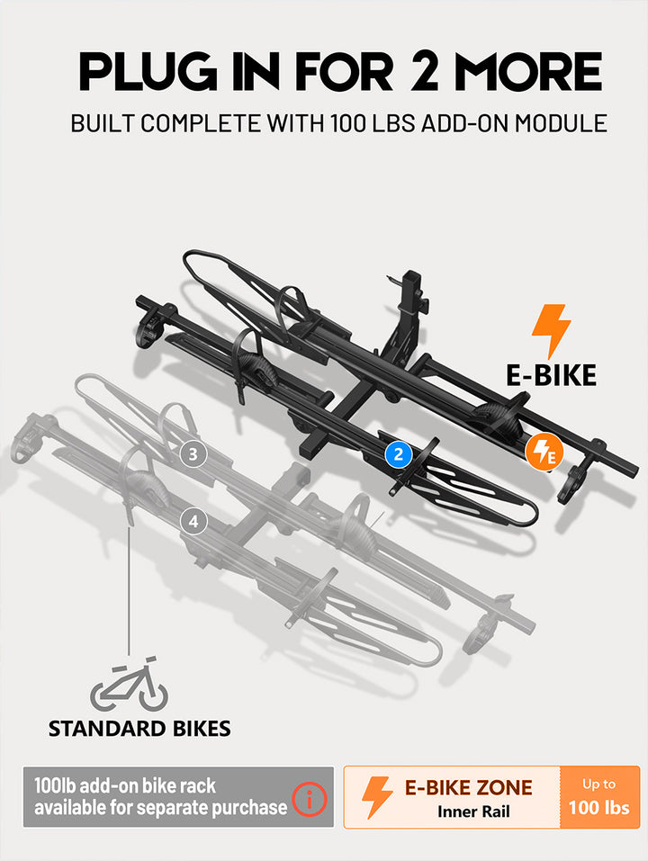 Expandable Add-On Compatible, 4187 2-Bike Hitch Mount Rack for E-Bikes, 200 LBS Heavy-Duty Bike Carrier, Fits 5" Fat Tire & 52" Wheelbase, Foldable Design for Cars SUVs Trucks RVs with 2" Receiver