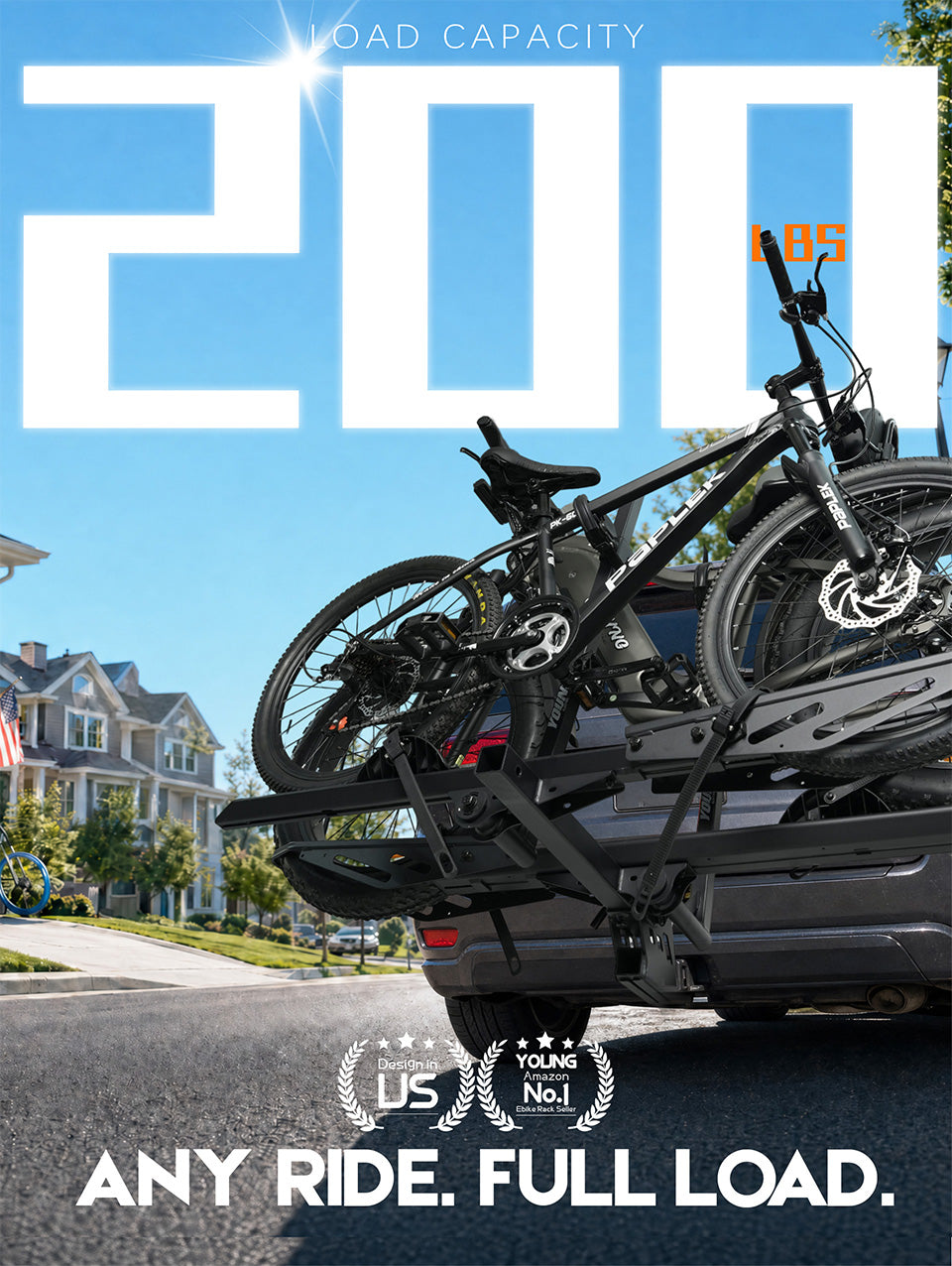 Expandable Add-On Compatible, 4187 2-Bike Hitch Mount Rack for E-Bikes, 200 LBS Heavy-Duty Bike Carrier, Fits 5" Fat Tire & 52" Wheelbase, Foldable Design for Cars SUVs Trucks RVs with 2" Receiver