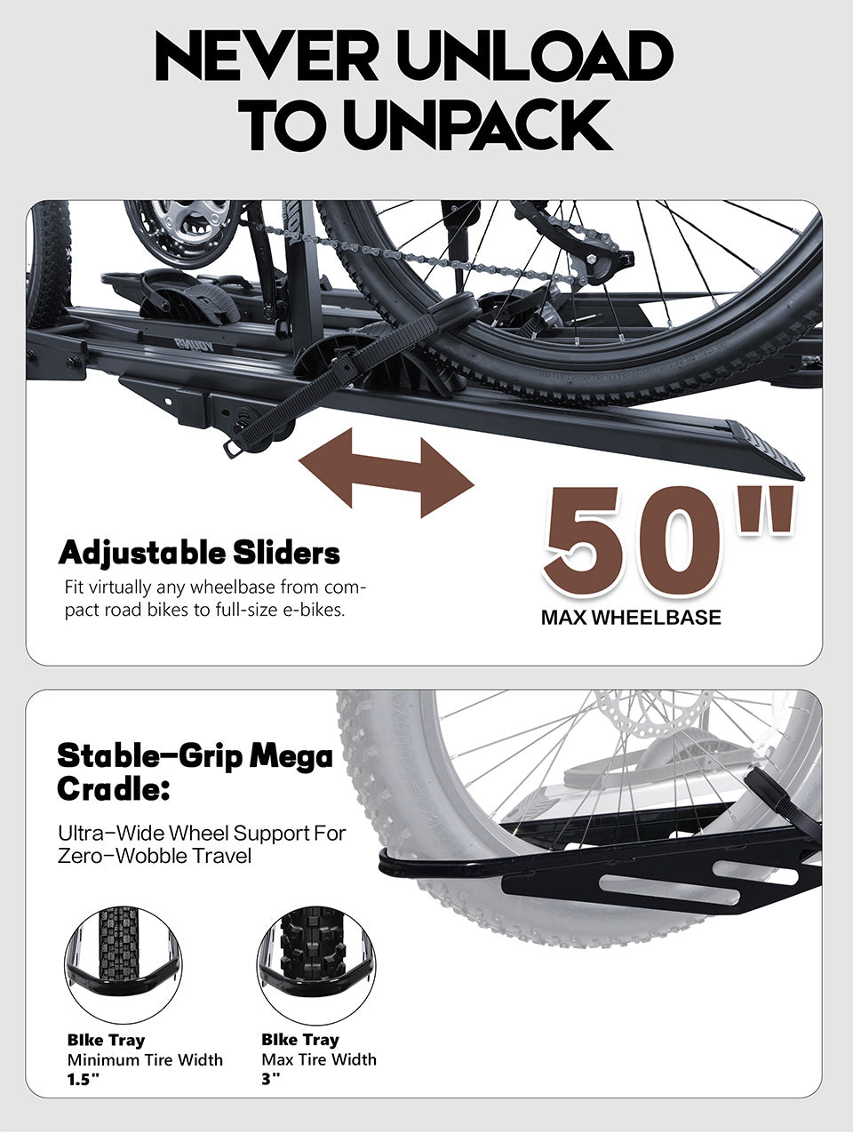 Add-On Bike Rack Extension for 4187 E-Bike Rack, 100 LBS Capacity for 2 Bikes, Fits 5" Fat Tire, Steel-Aluminum Build — NOT a Standalone Rack, Frame Extension Only