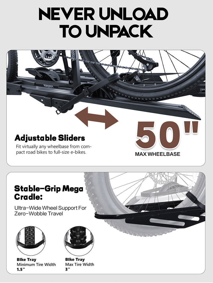 Add-On Bike Rack Extension for 4187 E-Bike Rack, 100 LBS Capacity for 2 Bikes, Fits 5" Fat Tire, Steel-Aluminum Build — NOT a Standalone Rack, Frame Extension Only