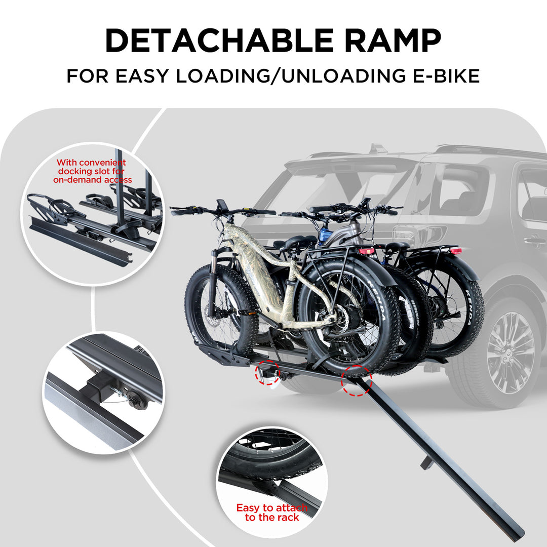 3-Bike Hitch E-bike Rack with Ramp, Fat Tire Electric Bike Carrier, 250 LBS Capacity, Fits 2'' Receiver 3-Bike Hitch E-bike Rack with Ramp, Fat Tire Electric Bike Carrier, 250 LBS Capacity, Fits 2'' Receiver
