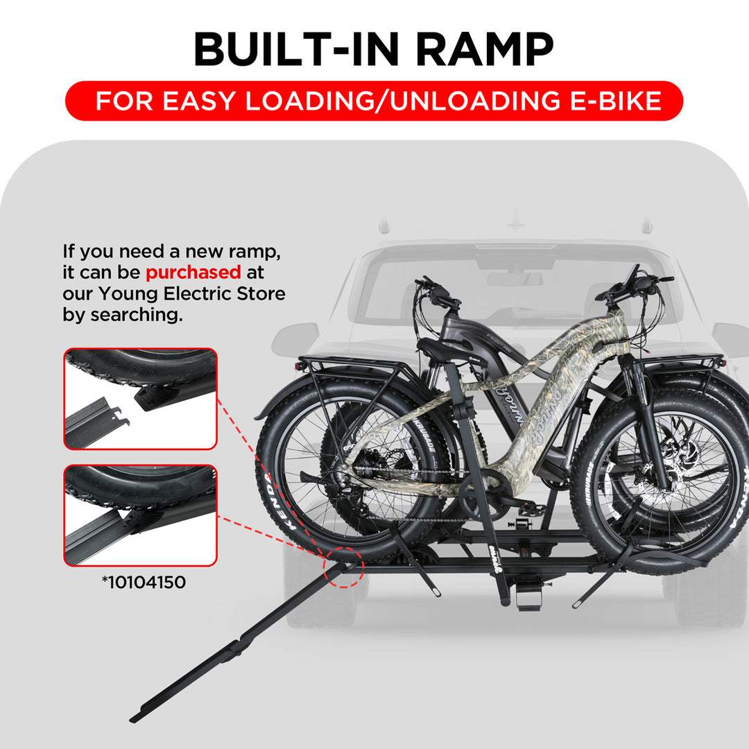 2-Bike Hitch Electric Bike Rack with Ramp, Folding Fat Tire E-Bike Carrier, 200 LBS Capacity, Fits 2'' Receiver 2-Bike Hitch Electric Bike Rack with Ramp, Folding Fat Tire E-Bike Carrier, 200 LBS Capacity, Fits 2'' Receiver