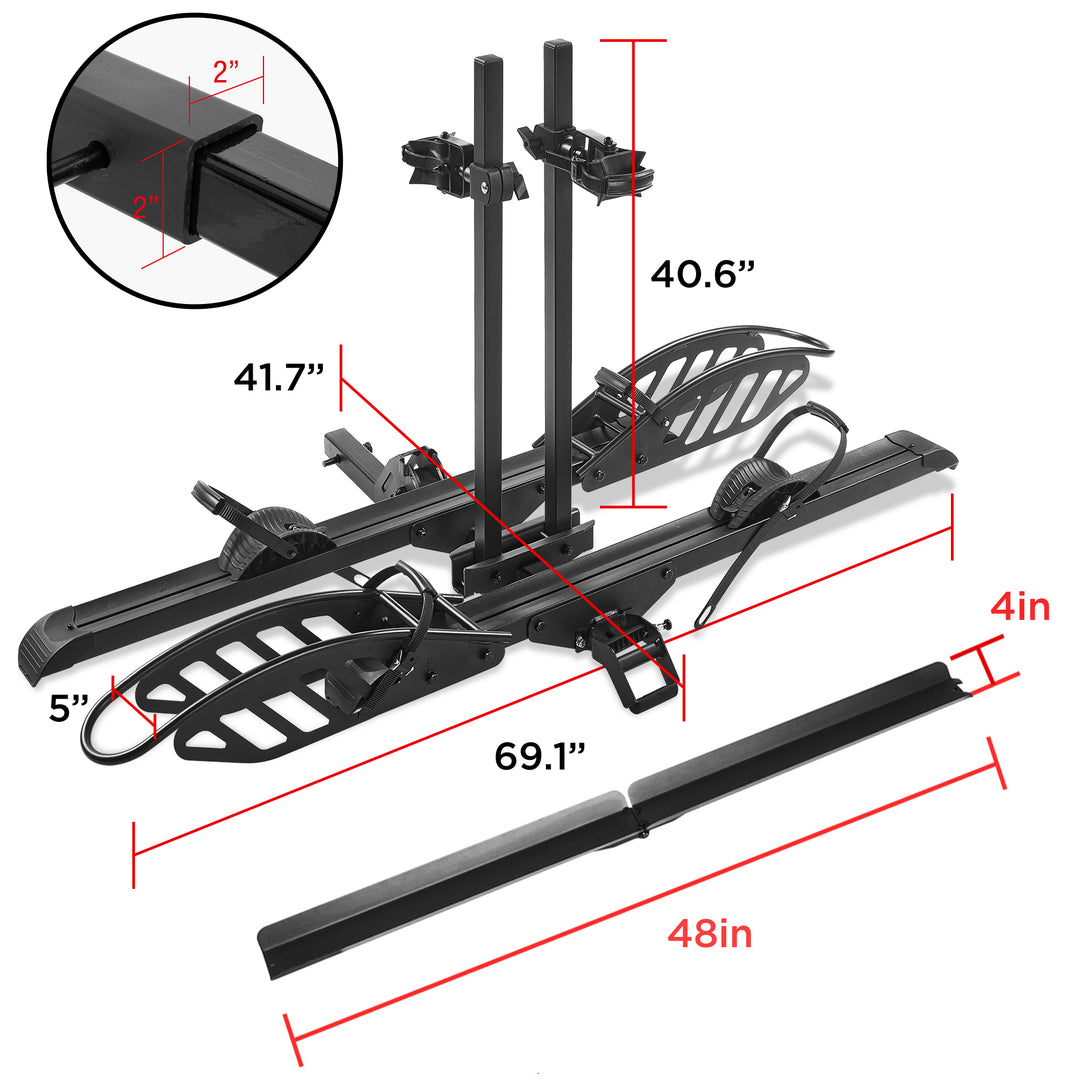 2-Bike Hitch E-bike Rack with Ramp, Fat Tire Electric Bike Carrier, 200 LBS Capacity, Fits 2'' Receiver