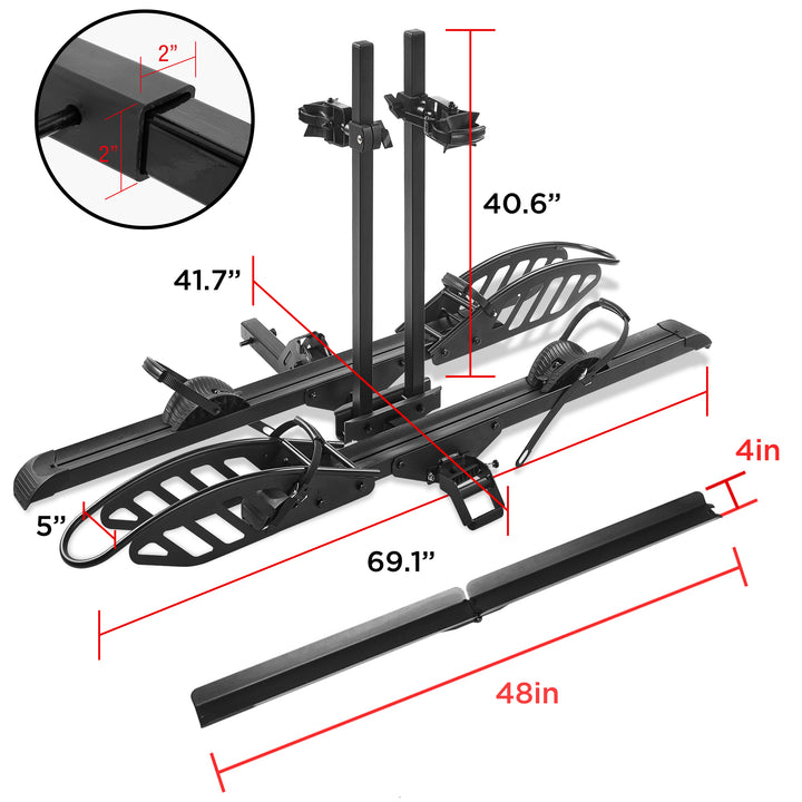 2-Bike Hitch E-bike Rack with Ramp, Fat Tire Electric Bike Carrier, 200 LBS Capacity, Fits 2'' Receiver