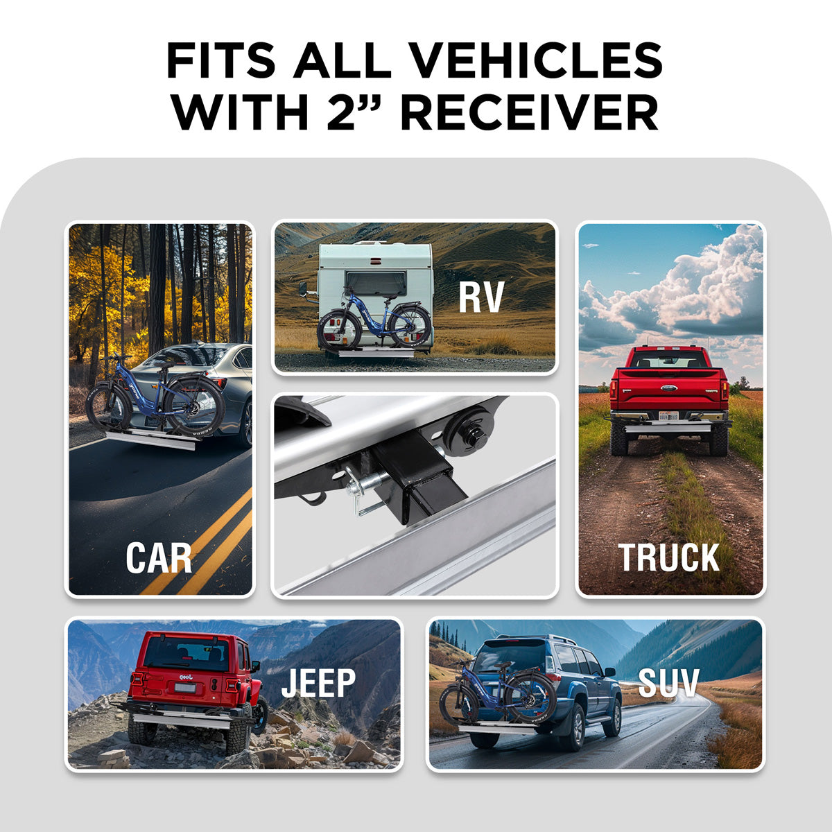 Foldable 1-Bike Hitch E-bike Rack with Ramp, Folding Single Electric Bike Carrier, 100 LBS Capacity, Fits 2'' Receiver