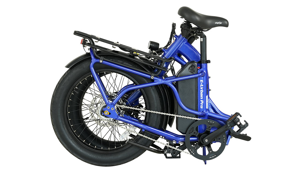 Young Electric E-Urban pro 500W Lightweight Folding eBike Intense Blue Easy Fold Stand