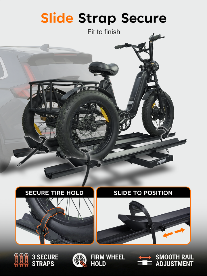 Etrike Hitch Rack — 200lbs Capacity, 2" Receiver, Adjustable Carrier for Adult Electric, Fat Tire & Folding Tricycles, Fits Cars, SUVs, Trucks & RVs