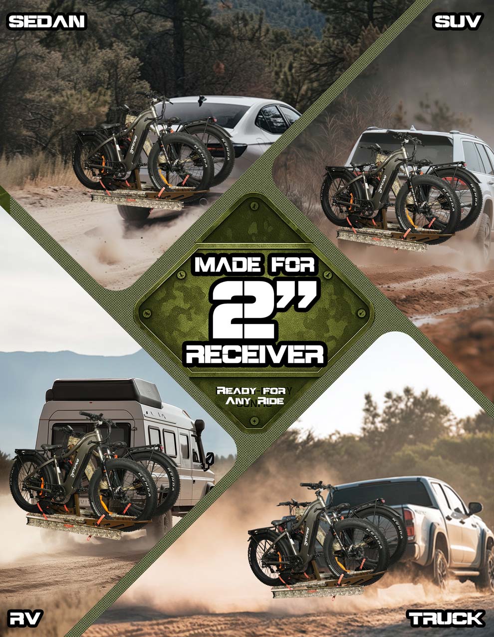 Camo 2-Bike Hitch E-bike Rack with Ramp, Fat Tire Electric Bike Carrier, 200 LBS Capacity, Fits 2'' Receiver